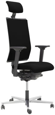 Ergonomischer schwarzer Drehstuhl mit Kopfstütze und Armlehnen, seitliche Perspektive