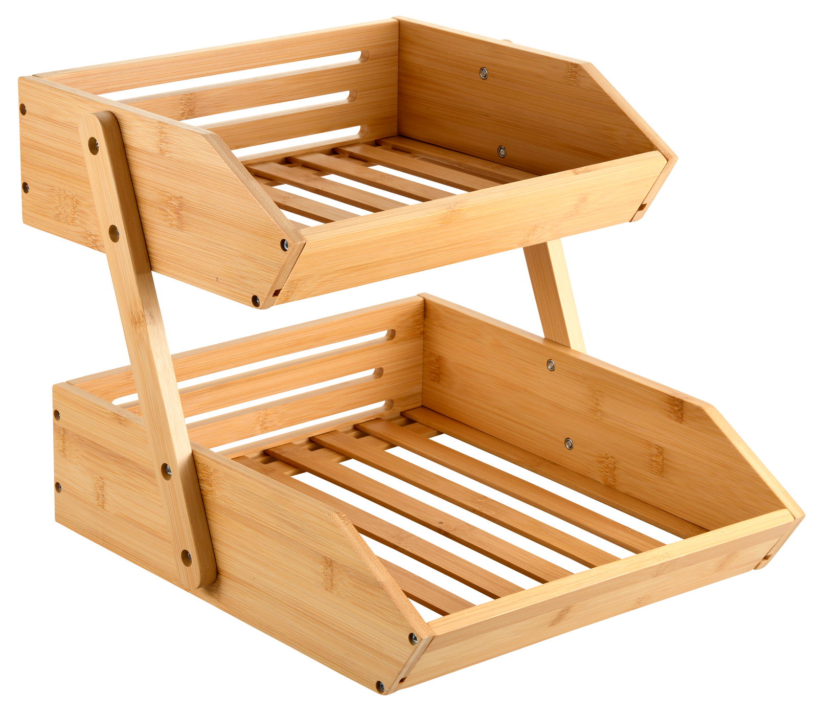 Regal mit zwei Stufen aus Bambus, seitliche Perspektive