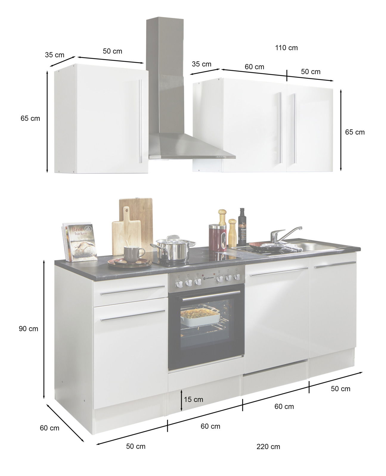 Küchenblock 220 cm ohne Elektrogeräte, bestehend aus weißen Schränken und Arbeitsplatte, mit Dunstabzugshaube, aus der Frontperspektive.