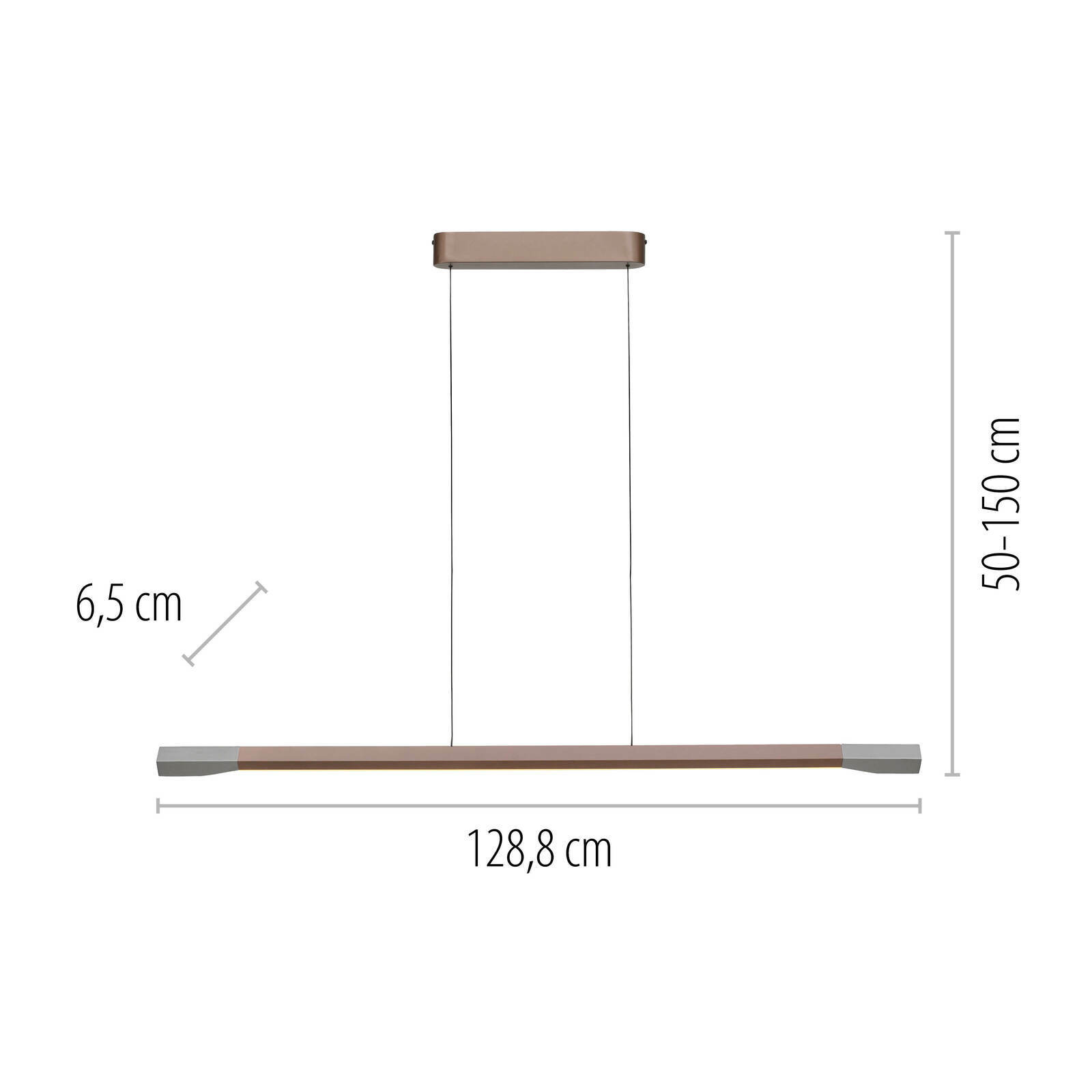 Seitenansicht einer LED-Pendelleuchte mit einer Länge von 128,8 cm, einer Breite von 6,5 cm und einer höhenverstellbaren Aufhängung von 50 bis 150 cm.