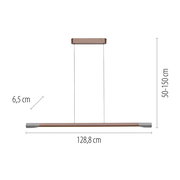 Seitenansicht einer LED-Pendelleuchte mit einer Länge von 128,8 cm, einer Breite von 6,5 cm und einer höhenverstellbaren Aufhängung von 50 bis 150 cm.