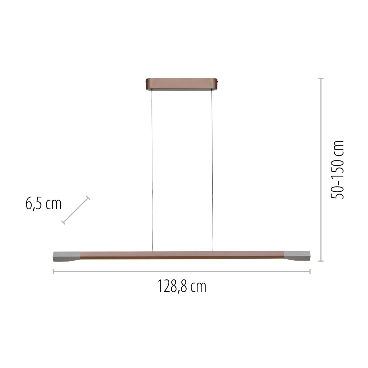 Seitenansicht einer LED-Pendelleuchte mit einer Länge von 128,8 cm, einer Breite von 6,5 cm und einer höhenverstellbaren Aufhängung von 50 bis 150 cm.