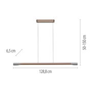 Seitenansicht einer LED-Pendelleuchte mit einer Länge von 128,8 cm, einer Breite von 6,5 cm und einer höhenverstellbaren Aufhängung von 50 bis 150 cm.