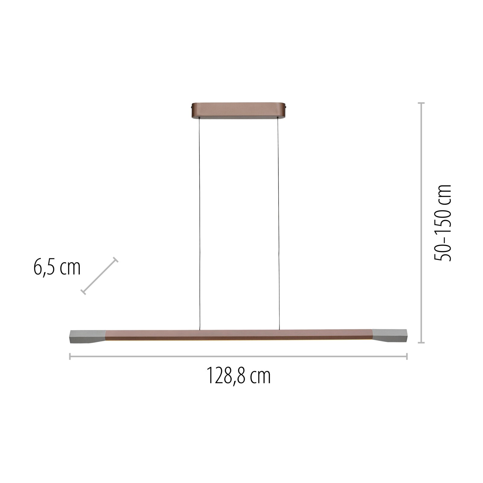 Seitenansicht einer LED-Pendelleuchte mit einer Länge von 128,8 cm, einer Breite von 6,5 cm und einer höhenverstellbaren Aufhängung von 50 bis 150 cm.