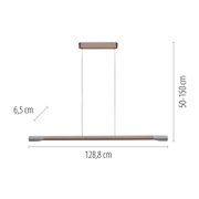 Seitenansicht einer LED-Pendelleuchte mit einer Länge von 128,8 cm, einer Breite von 6,5 cm und einer höhenverstellbaren Aufhängung von 50 bis 150 cm.