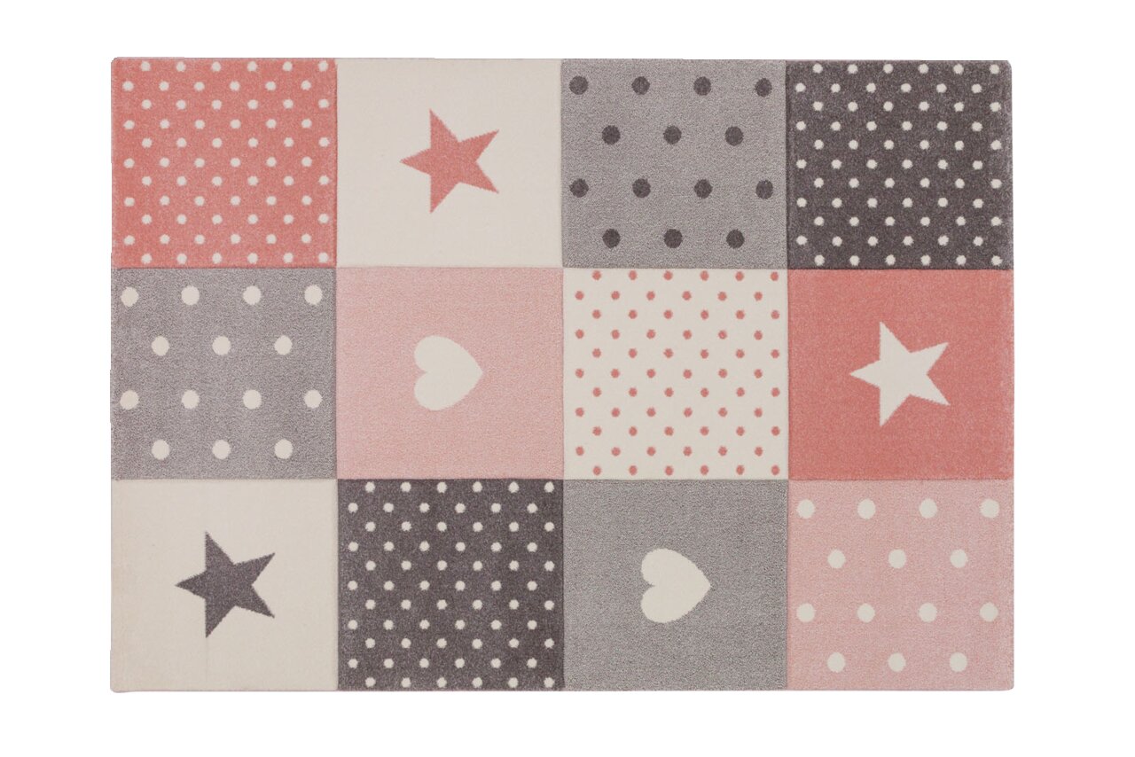 Kinderteppich in Pastellfarben mit Sternen- und Herzmustern, Draufsicht