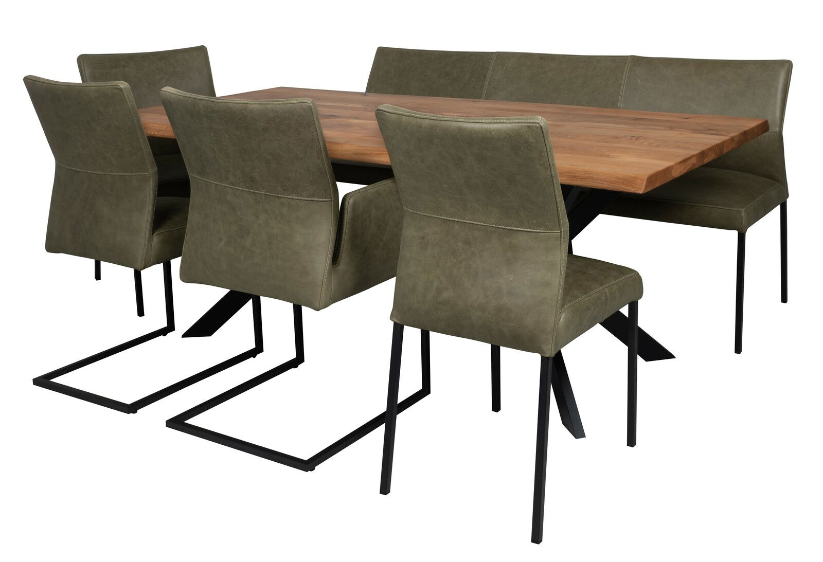 Essgruppe mit einem Holztisch und sechs olivgrünen Freischwingerstühlen, seitliche Perspektive