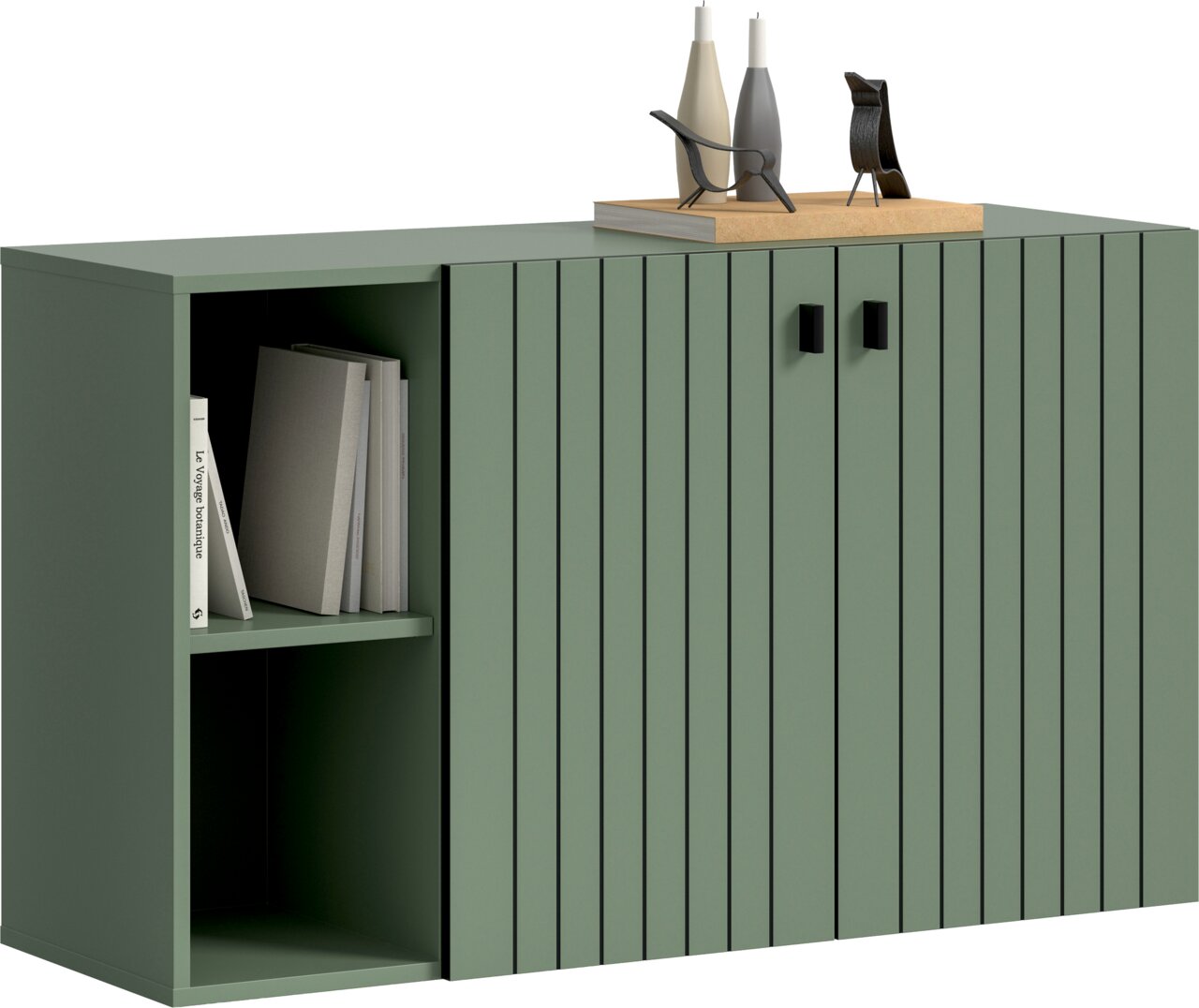 MID.YOU Sitzbank STATION Salbeigrünes Sideboard mit geriffelter Front, zwei Türen mit schwarzen Griffen und offenem Regal links mit Büchern, Draufsicht auf Dekoration, perspektivische Ansicht schräg von vorne