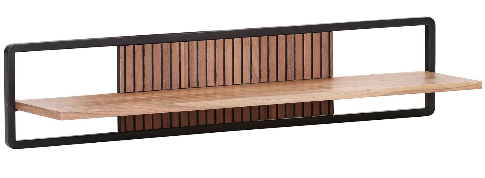 Modernes Wandregal mit Holzplatte und schwarzem Metallrahmen, seitliche Perspektive