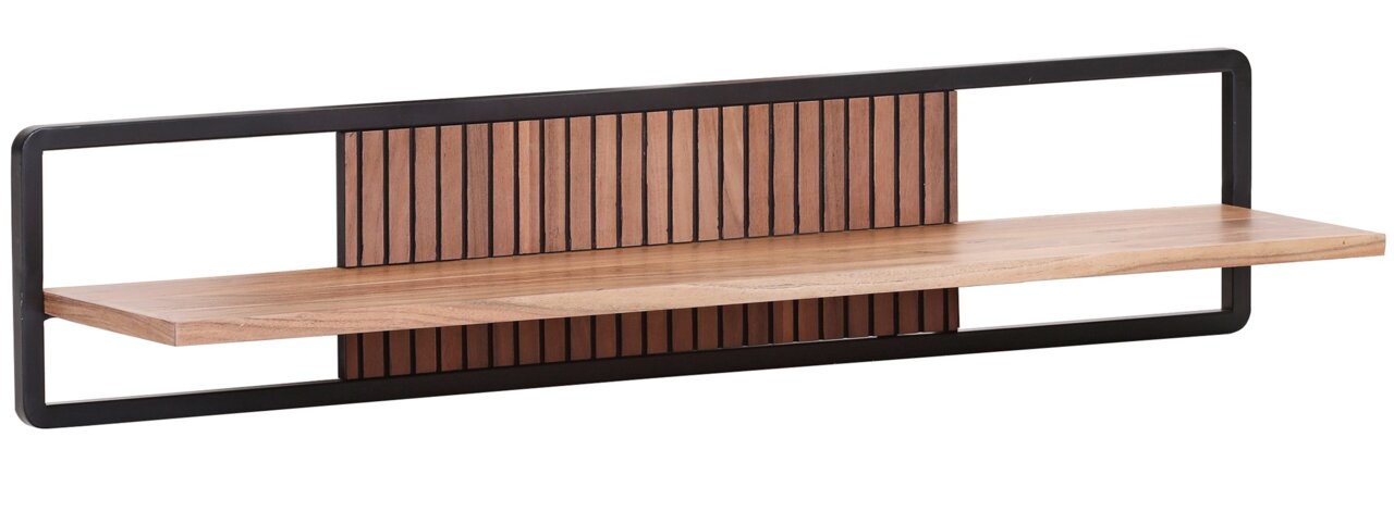 Modernes Wandregal mit Holzplatte und schwarzem Metallrahmen, seitliche Perspektive