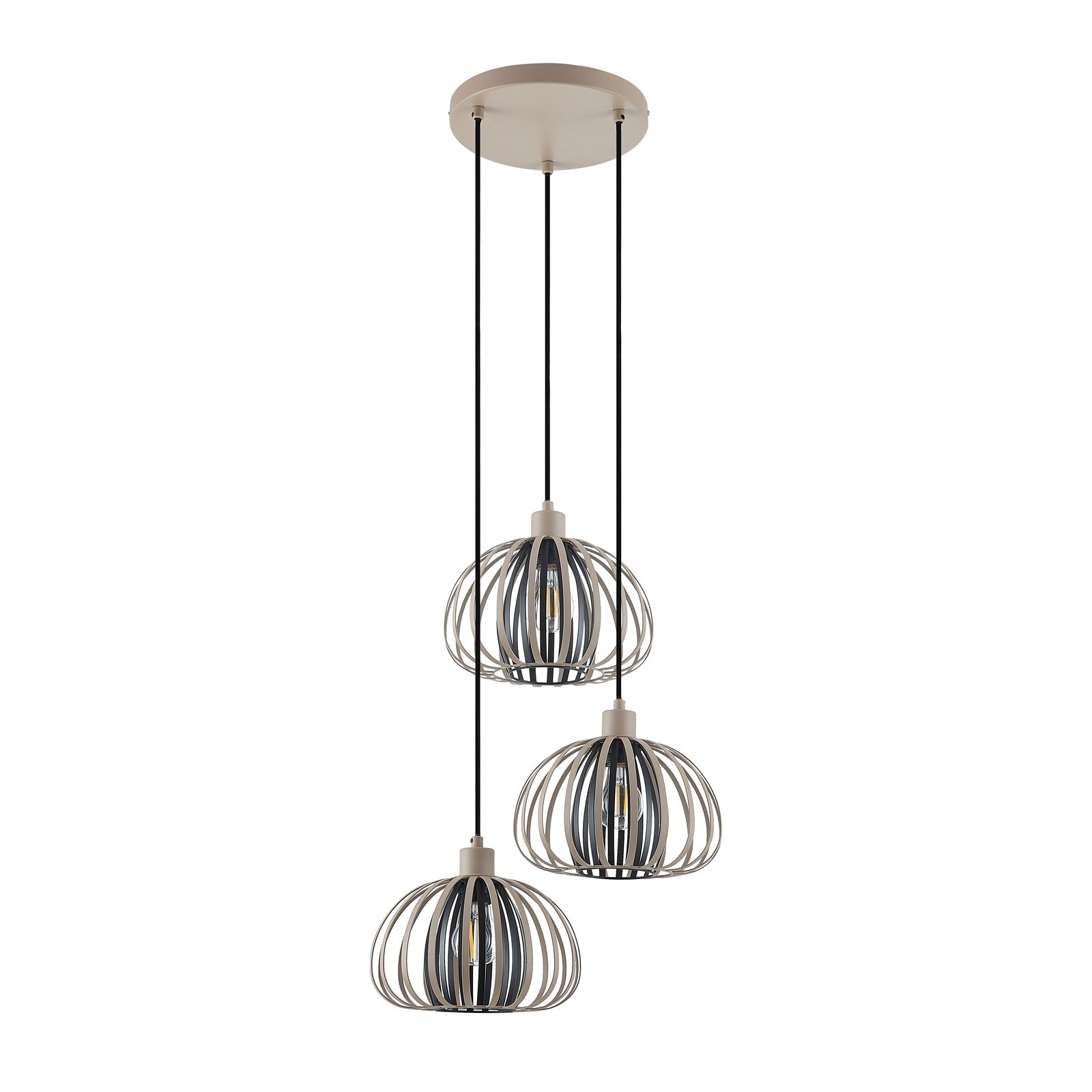 Moderne Hängeleuchte mit drei kugelförmigen Lampenschirmen aus Metall, Ansicht von vorne