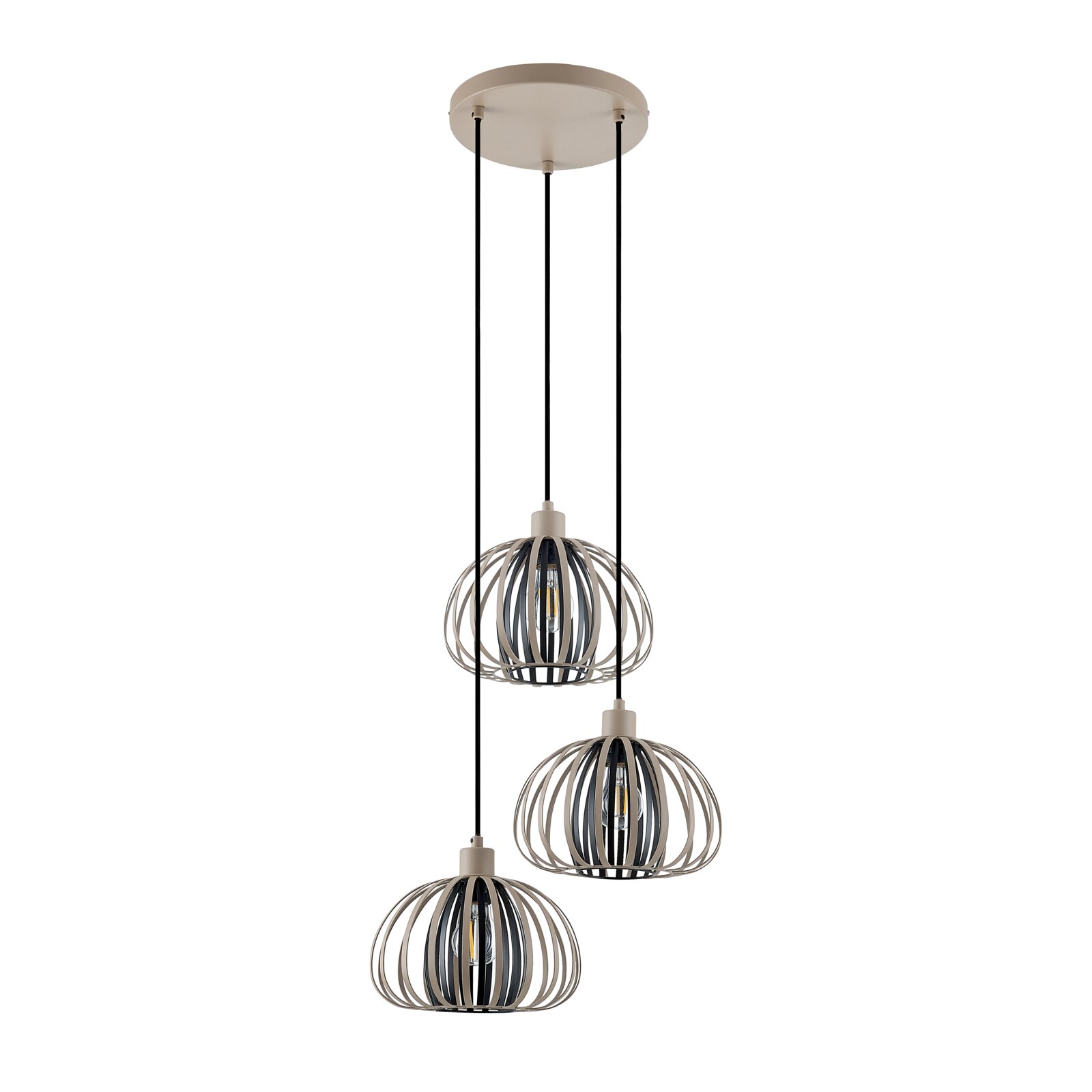 Moderne hanglamp met drie bolvormige lampenkappen van metaal, gezien van voren