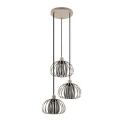 Moderne hanglamp met drie bolvormige lampenkappen van metaal, gezien van voren