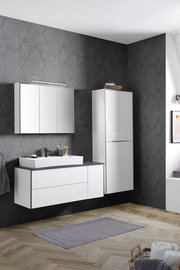 Modernes Waschtisch-Set in einem stilvollen Badezimmer mit dunkler Tapete und Holzfußboden, aus der Perspektive von vorne betrachtet.