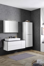 Modernes Waschtisch-Set in einem stilvollen Badezimmer mit dunkler Tapete und Holzfußboden, aus der Perspektive von vorne betrachtet.