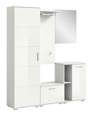 Weiße Garderobenkombination mit Schrank, Spiegel und Ablagefächern, seitliche Perspektive