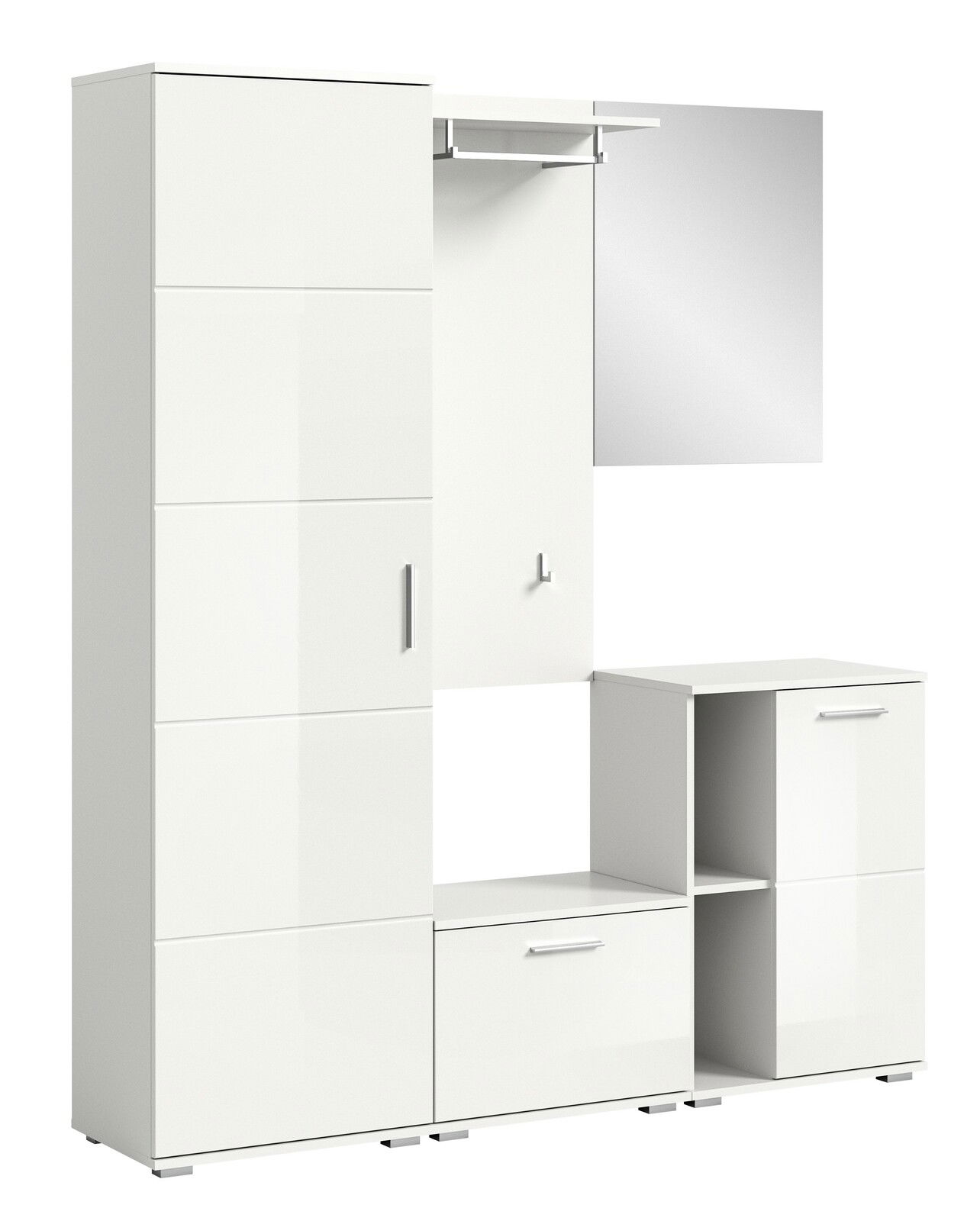 Weiße Garderobenkombination mit Schrank, Spiegel und Ablagefächern, seitliche Perspektive