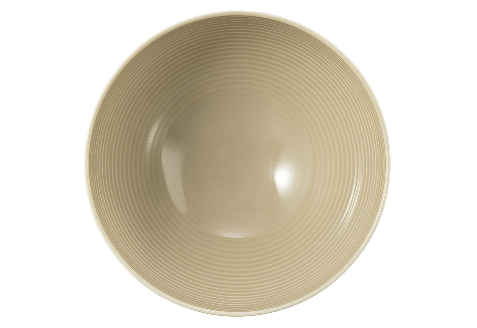 Obenansicht einer sandbeigen Schüssel mit geriffelter Oberfläche, 15,5 cm Durchmesser.