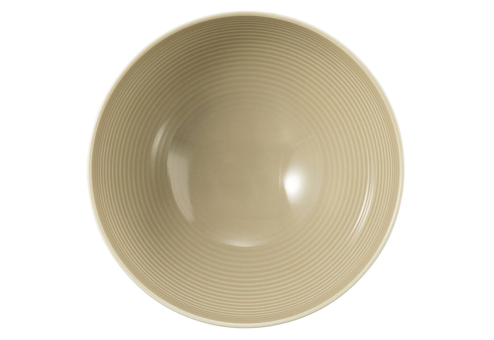 Obenansicht einer sandbeigen Schüssel mit geriffelter Oberfläche, 15,5 cm Durchmesser.