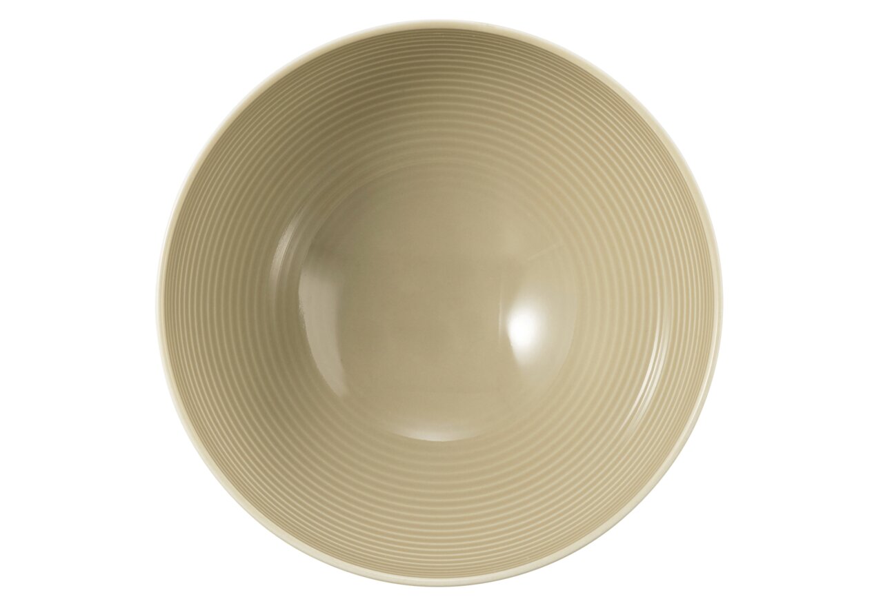 Bovenaanzicht van een zandkleurige schaal met geribbeld oppervlak, diameter 15,5 cm.