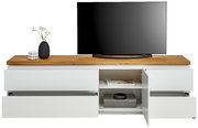 Frontale Ansicht eines weißen TV-Lowboards mit Holzplatte, dekoriert mit einer Vase und einem Fernseher darauf.