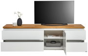 Frontale Ansicht eines weißen TV-Lowboards mit Holzplatte, dekoriert mit einer Vase und einem Fernseher darauf.