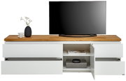 Frontale Ansicht eines weißen TV-Lowboards mit Holzplatte, dekoriert mit einer Vase und einem Fernseher darauf.