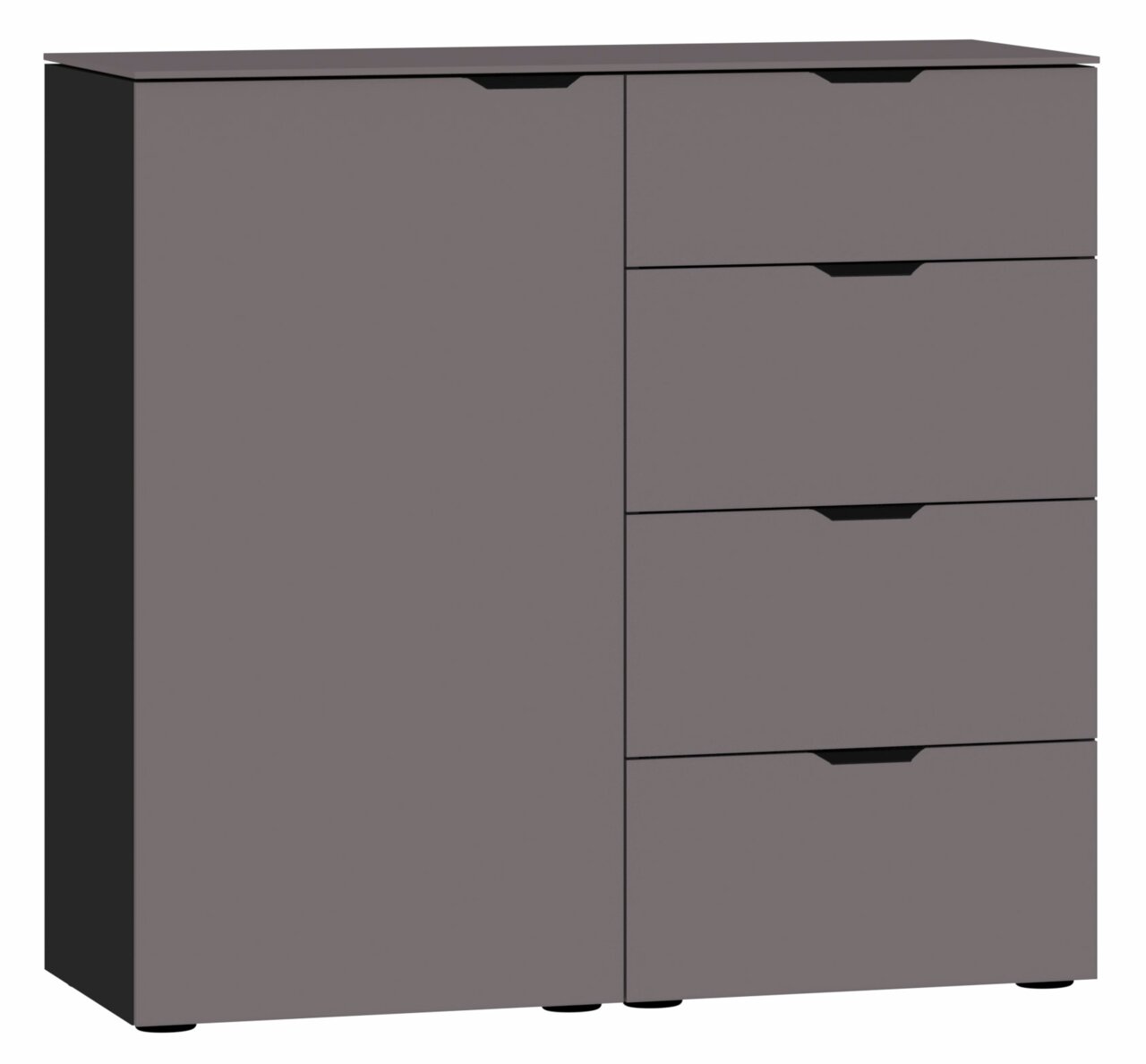 Graue Kommode mit vier Schubladen und einer Tür, Frontansicht
