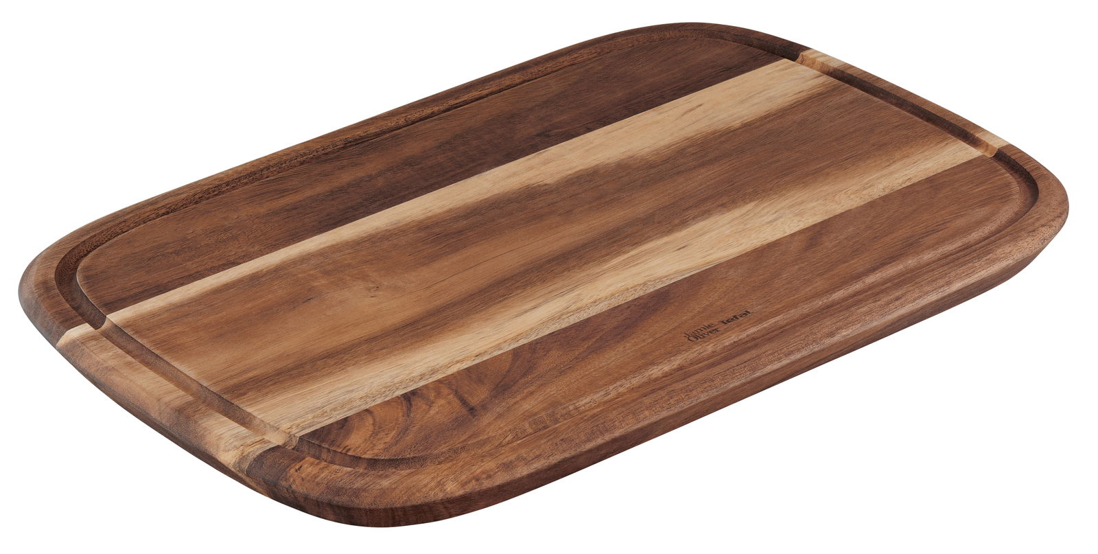 Holzschneidebrett in rechteckiger Form mit abgerundeten Ecken, aus dunklem und hellem Holz, perspektivisch von oben fotografiert.