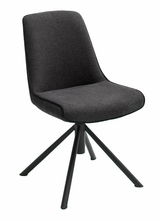 Moderner schwarzer Stuhl mit gepolsterter Sitzfläche und Rückenlehne, auf vier Metallbeinen. Seitenansicht.