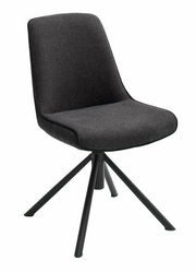 Moderner schwarzer Stuhl mit gepolsterter Sitzfläche und Rückenlehne, auf vier Metallbeinen. Seitenansicht.