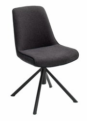 Moderner schwarzer Stuhl mit gepolsterter Sitzfläche und Rückenlehne, auf vier Metallbeinen. Seitenansicht.