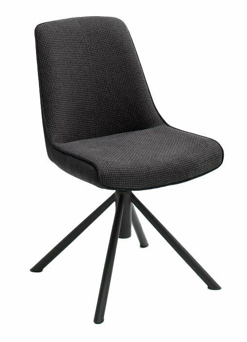Moderner schwarzer Stuhl mit gepolsterter Sitzfläche und Rückenlehne, auf vier Metallbeinen. Seitenansicht.