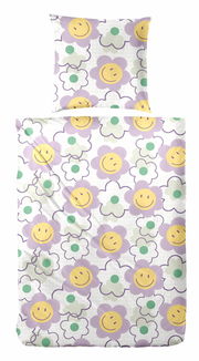 Bettwäsche-Set mit fröhlichem Blumenmuster in Lila, Gelb und Grün, Draufsicht