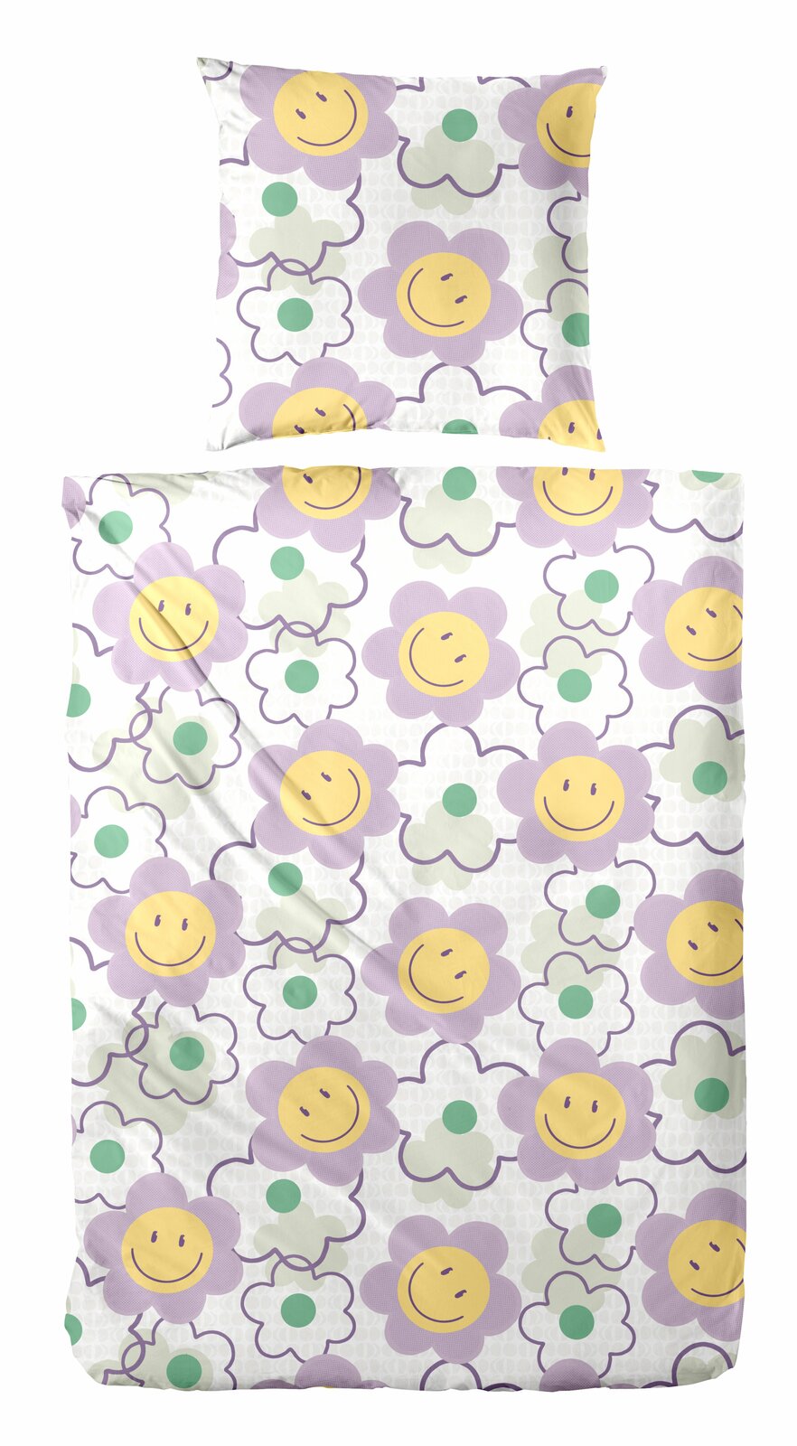 Bettwäsche-Set mit fröhlichem Blumenmuster in Lila, Gelb und Grün, Draufsicht