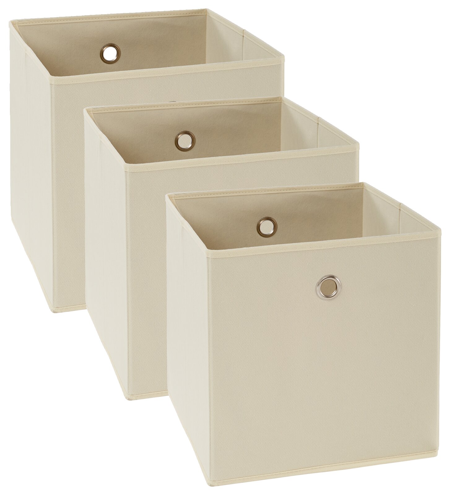 Drei beige Stoffboxen mit Metallösen, perspektivisch von vorne rechts fotografiert.