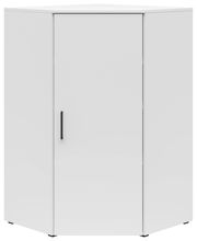 Weiße Eckkommode mit einer Tür und schwarzem Griff, frontal abgebildet.