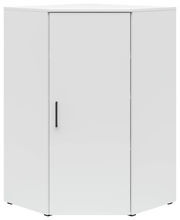 Weiße Eckkommode mit einer Tür und schwarzem Griff, frontal abgebildet.