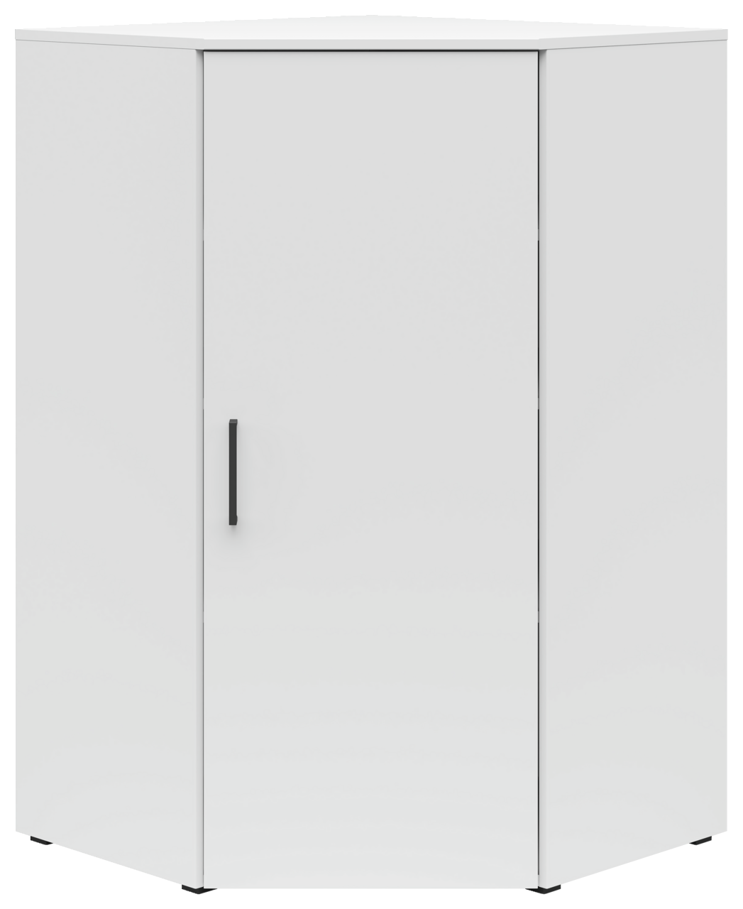 Weiße Eckkommode mit einer Tür und schwarzem Griff, frontal abgebildet.