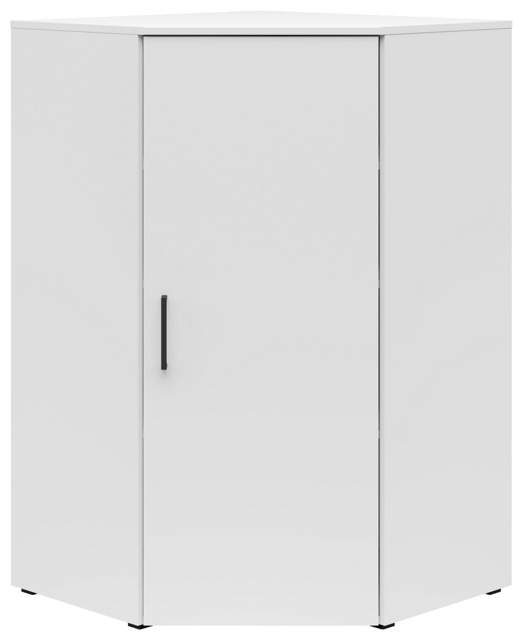 Weiße Eckkommode mit einer Tür und schwarzem Griff, frontal abgebildet.
