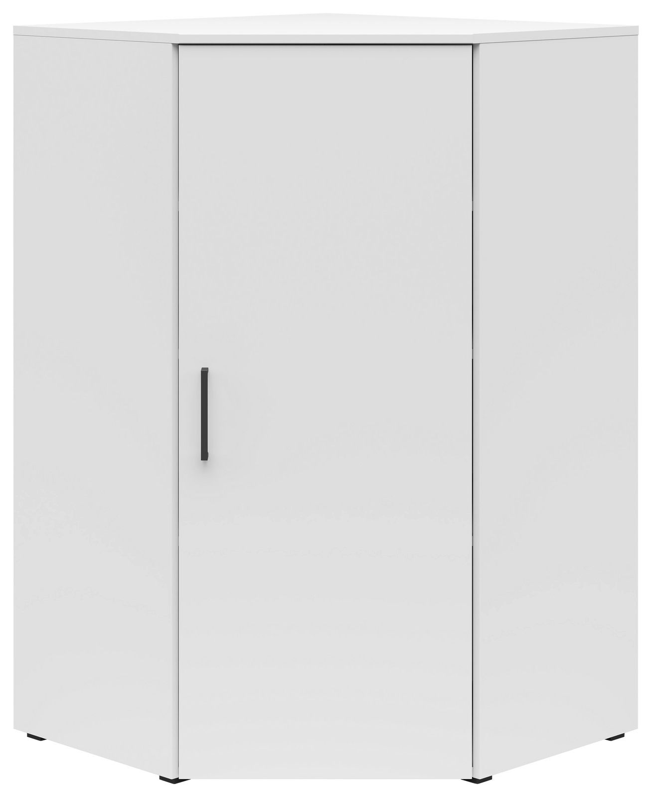 Weiße Eckkommode mit einer Tür und schwarzem Griff, frontal abgebildet.