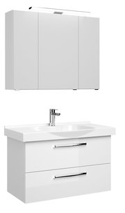 Moderner weißer Badblock mit Spiegelschrank und Waschbecken, Frontansicht