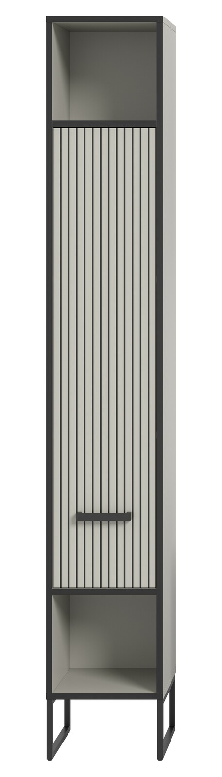 Moderner Hochschrank mit vertikalen Streifen, offene Fächer oben und unten, Frontalansicht
