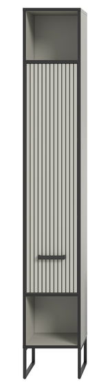 Moderner Hochschrank mit vertikalen Streifen, offene Fächer oben und unten, Frontalansicht