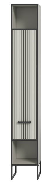 Moderner Hochschrank mit vertikalen Streifen, offene Fächer oben und unten, Frontalansicht