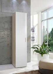 Moderner, schmaler Kleiderschrank in Holzoptik mit weißer Tür, seitliche Perspektive, in einem hellen Raum mit großen Fenstern und Pflanzen.