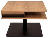 Moderner Couchtisch aus Holz mit schwarzem Metallfuß, seitliche Perspektive