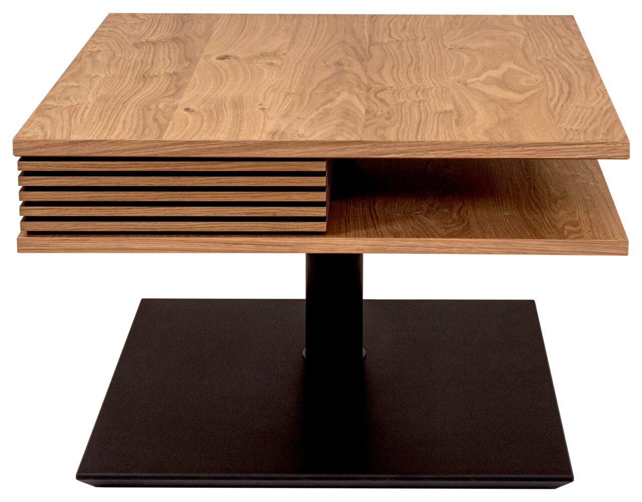Moderne houten salontafel met een zwart metalen onderstel, zijaanzicht