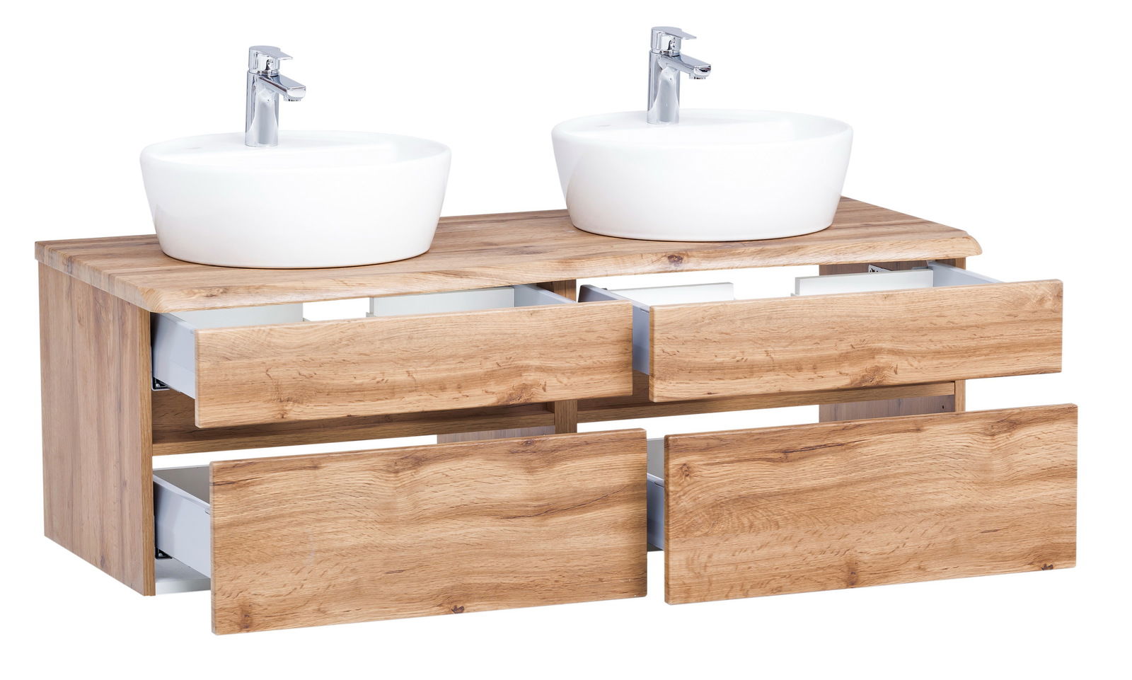 Waschtisch-Set mit zwei runden weißen Waschbecken und Holzunterschrank mit offenen Schubladen, seitliche Perspektive