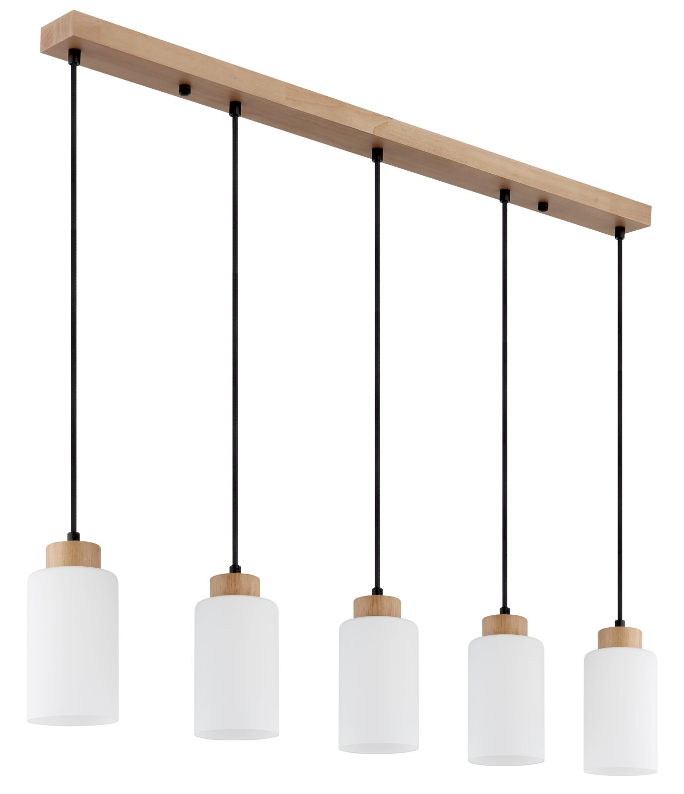 Moderne 5-flammige Pendelleuchte mit rechteckigem Baldachin aus hellem Holz, fünf schwarzen Textilkabeln und zylindrischen opalweißen Glasschirmen mit Holzakzent, Ansicht schräg von unten